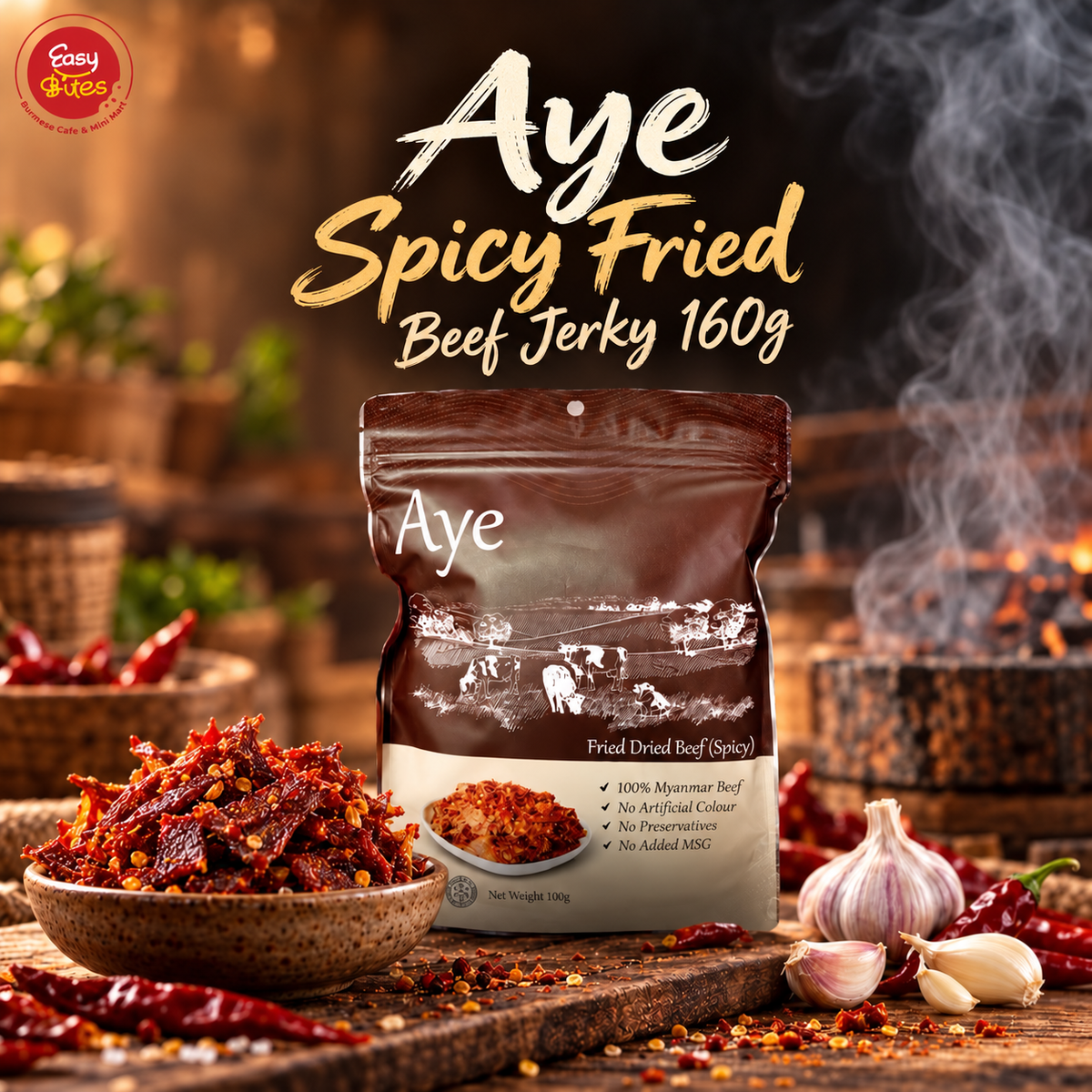 Aye Spicy Fried Beef Jerky 160g| အေး အမဲခြောက်ကြော် အစပ် | Myanmar Groceries UK