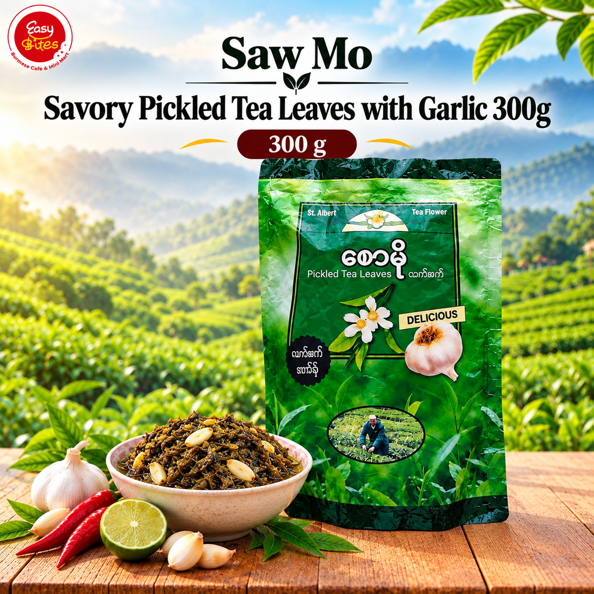 Saw Mo Mild Pickled Tea Leaves with Garlic 300g | စောမို လက်ဖက်ထုတ်အဆိမ့် (ကြက်သွန်ဖြူ)