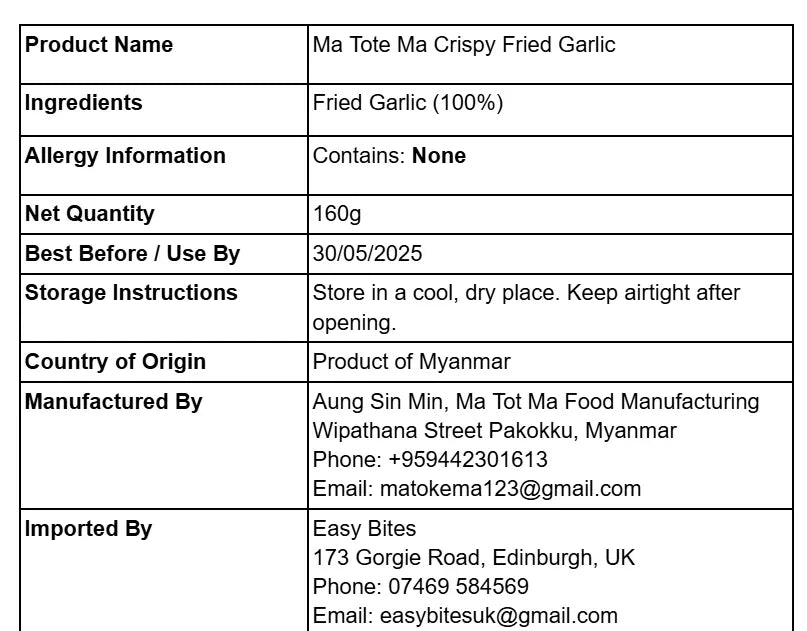 မတုတ်မ ကြက်သွန်ဖြူကြော် 160g (Ma Tote Ma Crispy Fried Garlic) - Easy Bites