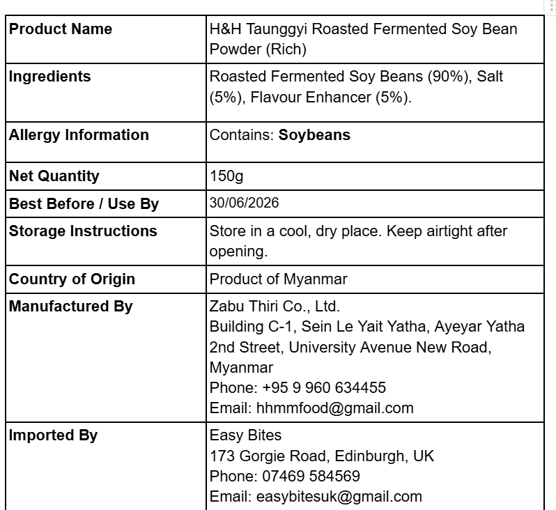 H&H တောင်ကြီးပဲပုတ်ထောင်းမီးကင် အဆိမ့် 150g (H&H Taunggyi Roasted Fermented Soy Bean Powder (Rich))