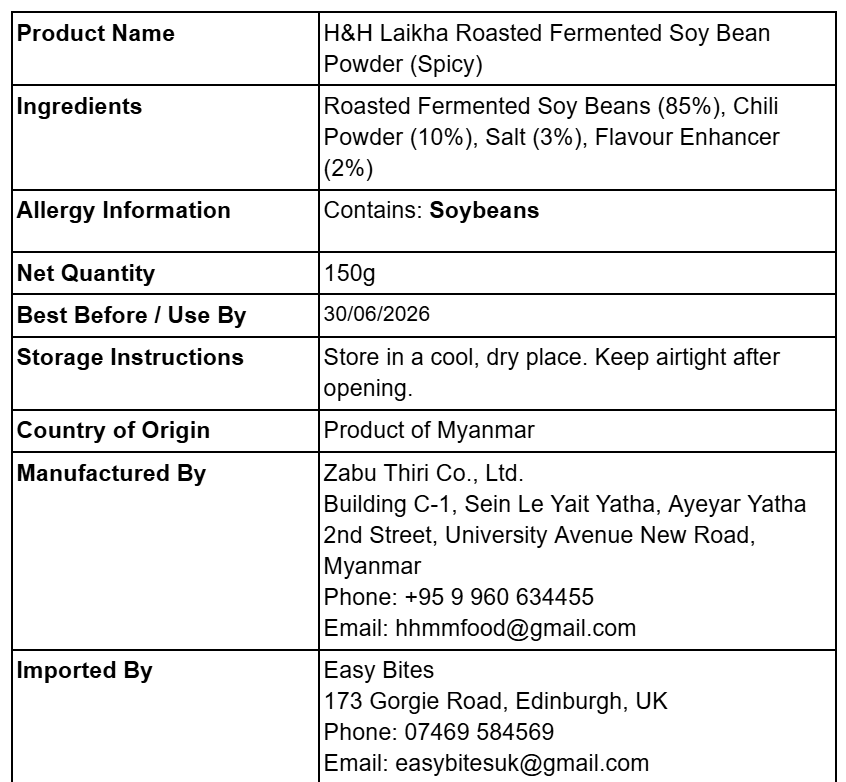 H&H လဲချားပဲပုတ်မီးကင်ထောင်း အစပ် 150g (H&H Laikha Roasted Fermented Soy Bean Powder (Spicy))