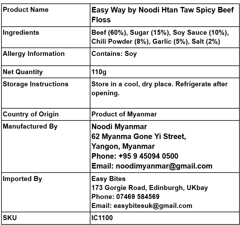 Easy Way by Noodi ထန်းတောအမဲမွှကြော်𝟏𝟏𝟎𝐠 (Easy Way by Noodi Htan Taw Spicy Beef Floss)