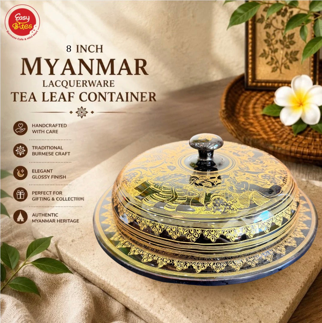 Golden Myanmar Lacquerware Laphet Box 8 Inch | ၈" ရွှေယွန်းလက်ဖက်အစ်