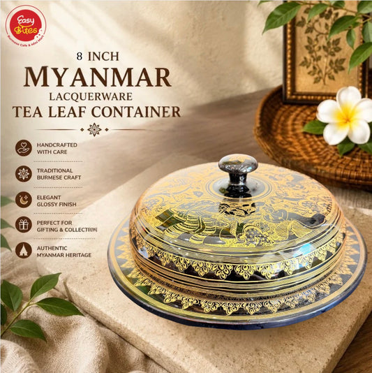 Golden Myanmar Lacquerware Laphet Box 8 Inch | ၈" ရွှေယွန်းလက်ဖက်အစ်