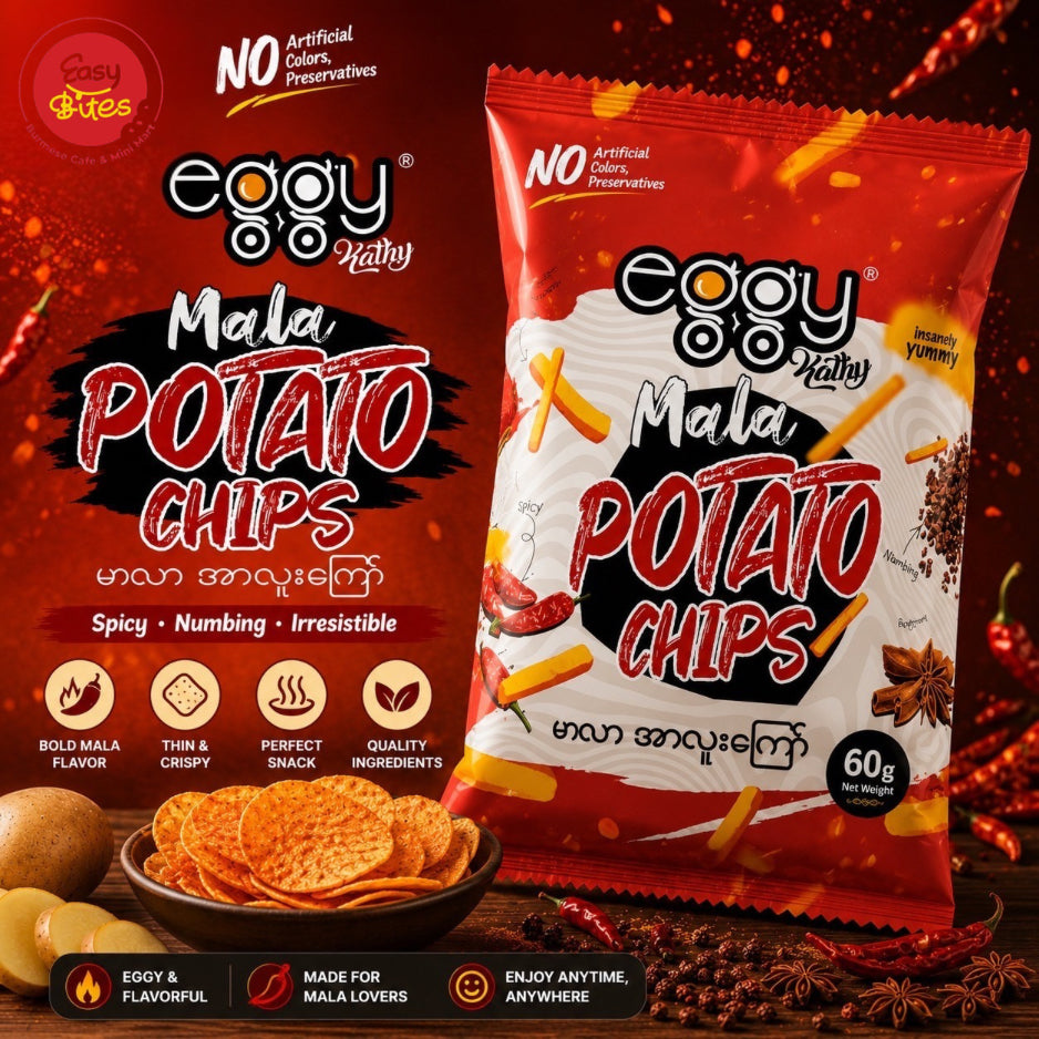 Eggy Kathy Mala Potato Chips 60g | မာလာ အာလူးကြော် 60g