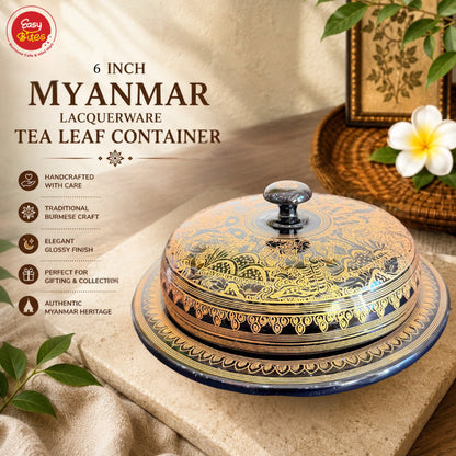 Golden Myanmar Lacquerware Laphet Box 6 Inch | ၆" ရွှေယွန်းလက်ဖက်အစ်