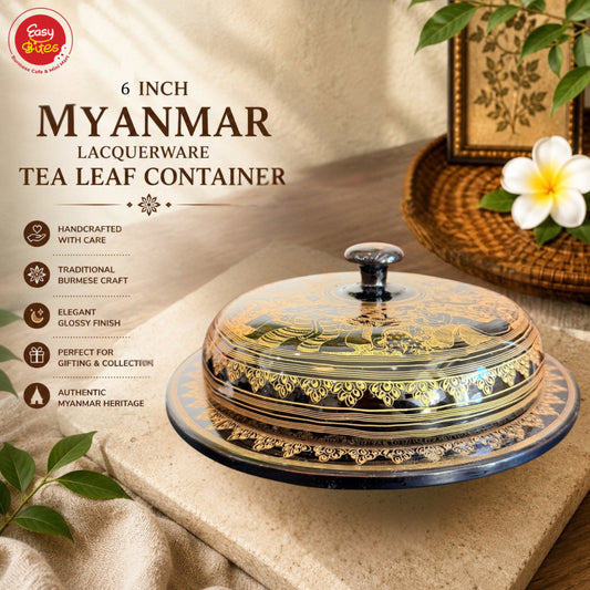 Golden Myanmar Lacquerware Laphet Box 6 Inch | ၆" ရွှေယွန်းလက်ဖက်အစ်