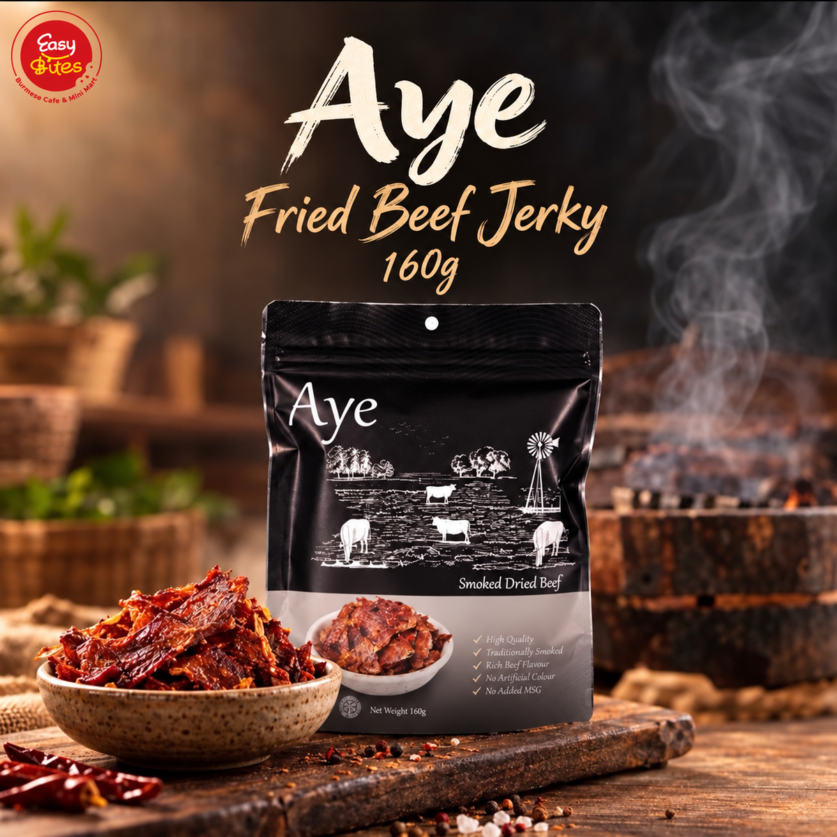 Aye Ready-to-Eat Smoked Dried Beef 160g | Aye အသင့်စားအမဲခြောက်ကင် 160g