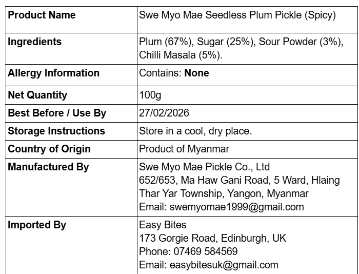 ဆွေမျိုးမေ့ ဇီးအစေ့လွတ်အစပ် 100g (Swe Myo Mae Seedless Plum Pickle (Spicy))