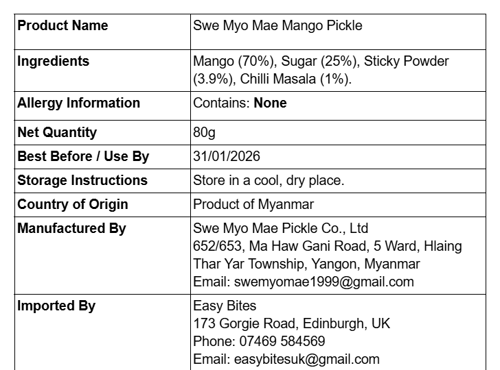 ဆွေမျိုးမေ့ သရက်ယို 80g (Swe Myo Mae Mango Pickle)