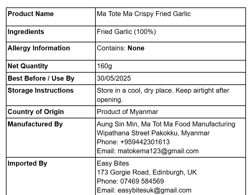 မတုတ်မ ကြက်သွန်ဖြူကြော် 160g (Ma Tote Ma Crispy Fried Garlic)