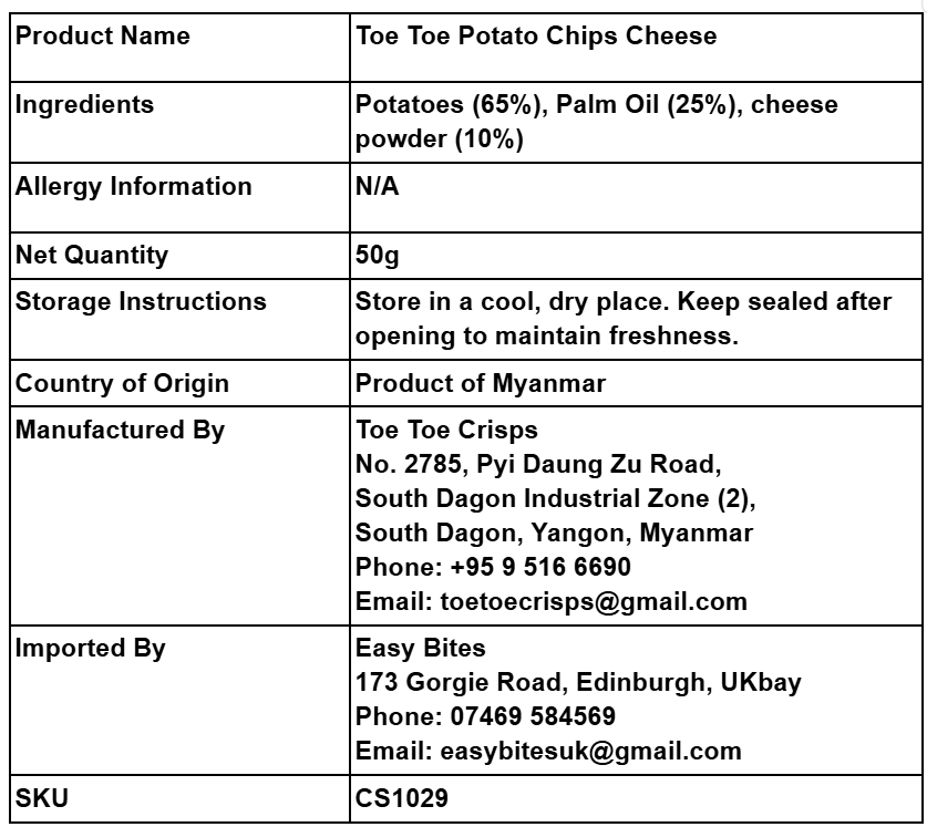 တိုးတိုး အာလူးကြော် ချိစ် 50g (Toe Toe Potato Chips Cheese)