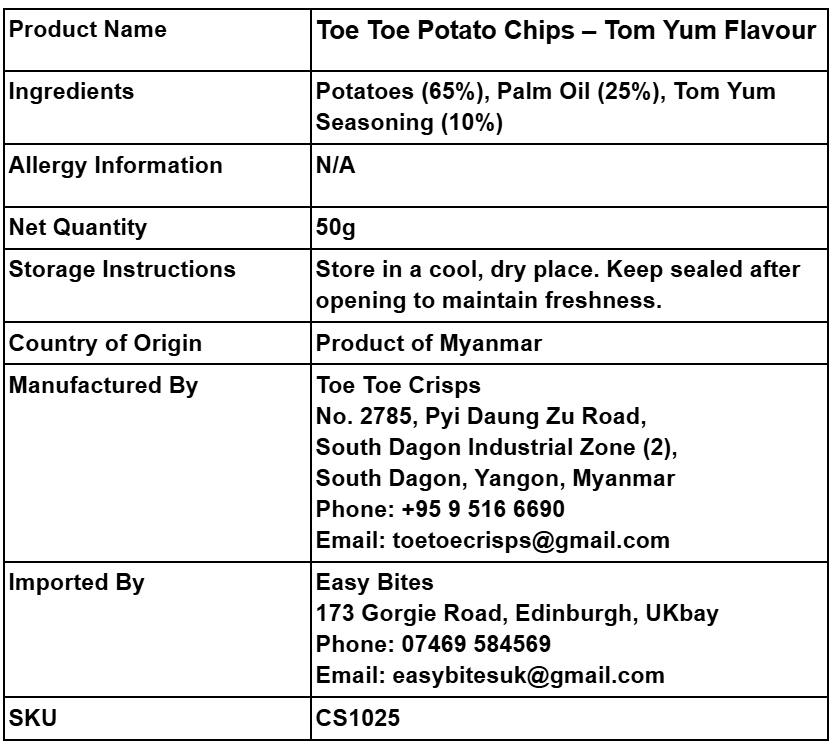 တိုးတိုး အာလူးကြော် တုန်ယမ်း 50g (Toe Toe Potato Chips Tomyum)