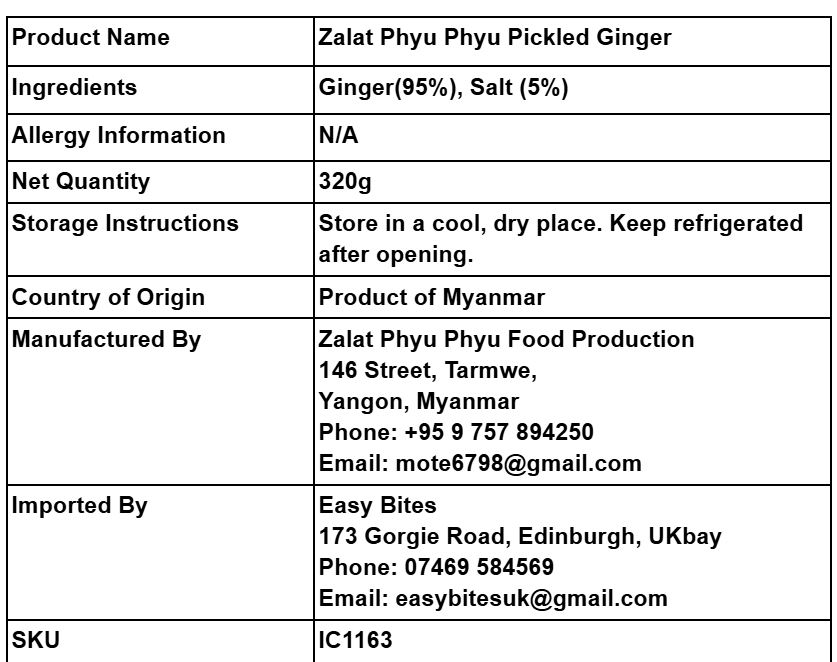 ဇလပ်ဖြူဖြူ  ဂျင်းနှပ် (ဆီမပါ)  320g (Zalat Phyu Phyu Pickled Ginger)